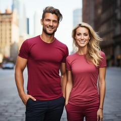 Fototapeta premium Illustration of a couple fashion portrait with plain t-shirt mockup, AI Generated