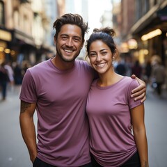 Fototapeta premium Illustration of a couple fashion portrait with plain t-shirt mockup, AI Generated