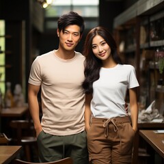 Fototapeta premium Illustration of a couple fashion portrait with plain t-shirt mockup, AI Generated
