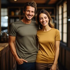 Fototapeta premium Illustration of a couple fashion portrait with plain t-shirt mockup, AI Generated