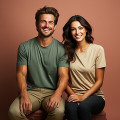 Fototapeta premium Illustration of a couple fashion portrait with plain t-shirt mockup, AI Generated