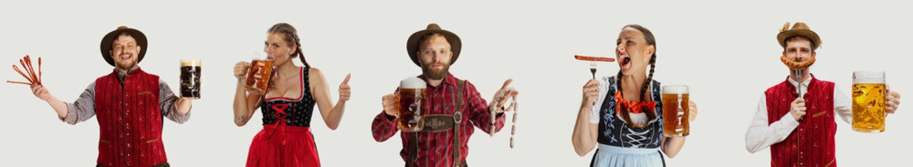 Collage made of young cheerful people in traditional german, bavarian clothes drinking beer and eating grilled sausage. Concept of Oktoberfest, traditions, alcohol, taste, holidays, ad