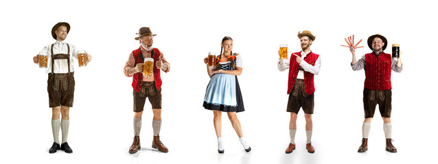 Collage made of young cheerful people in traditional bavarian costume standing with beer mugs...
