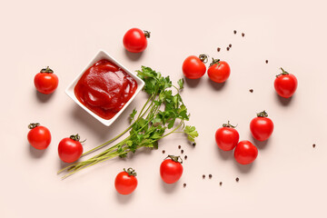 Naklejka na ściany i meble Bowl with tomato paste and fresh vegetables on light background