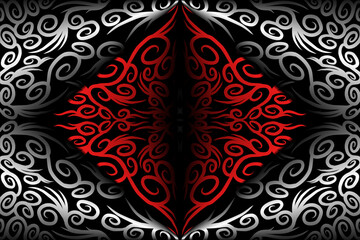 Beautiful red Black and white line art batik ethnic dayak aztec pattern gradient Background
