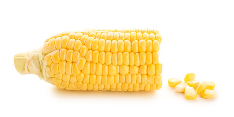 Cut fresh corn cob and seeds on white background