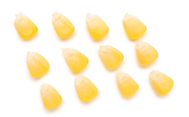 Fresh corn seeds on white background