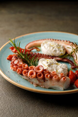 Delicacy of boiled huge octopus tentacles with mozzarella of buffalo and branch of rosemarie 