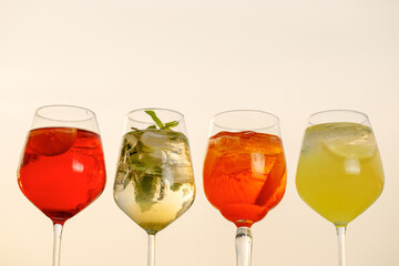 Italian traditional cocktails Campari spritz, Hugo, Aperol spritz, Limoncino spritz