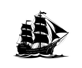 Old Ship  illustration. Pirates. Sailing vessel. Historical vessel. Antique ship. Sea-faring. Seaborne transportation. Seafaring