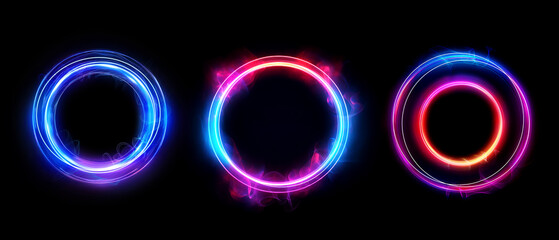Set of neon glowing round frame. luminous circle. magic light effect. generative ai 