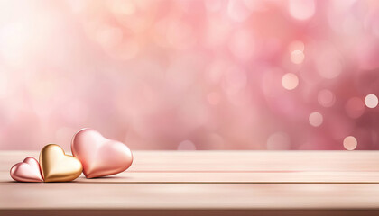 Romantic valentines day background with pink hearts and blurred background and copy space