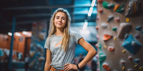 A young, beautiful woman against the backdrop of a climbing wall, showcasing her strength and grace in rock climbing. Generative AI