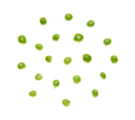 Flying green peas on white background