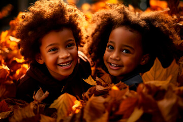 black kids playing in autumn leaves on a sunny day - 620139208