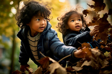 asian kids playing in autumn leaves on a sunny day - 620139212