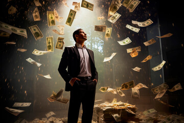 money flying around a businessman - 620139218