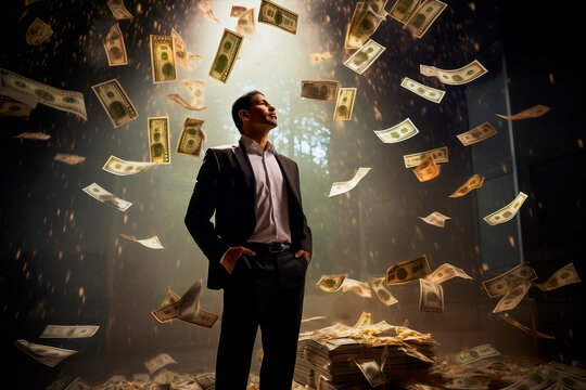 money flying around a businessman