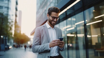 Happy smiling businessman wearing gray suit and using modern smartphone near office at early morning.