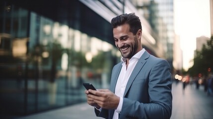 Happy smiling businessman wearing gray suit and using modern smartphone near office at early morning.