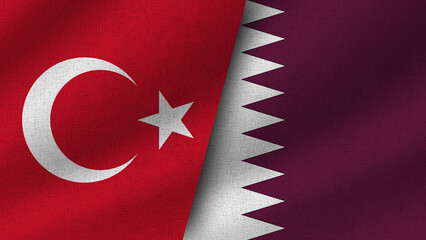 Qatar and Turkey Realistic Two Flags Together, 3D Illustration