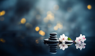 Obraz premium Zen yoga and spa stones treatment scene, zen like concepts. woth waterlily in beautiful calm landscape with blurred background, natural therapy massage stones relaxtion