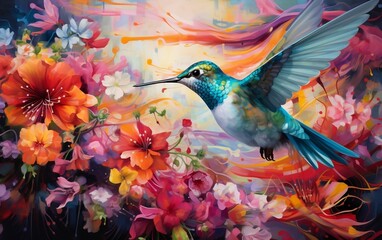 A painting of a hummingbird flying over flowers. AI