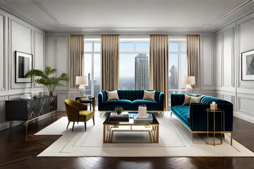 Interior design of a living room back to the glamorous Art Deco era with luxurious materials such as velvet, marble, and gold accents.