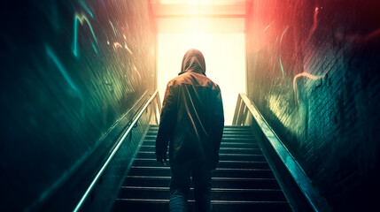 Rear view of a businessman ascending a staircase, generative AI.