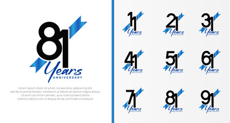 set of anniversary logo black color number and blue ribbon on white background for celebration