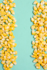 Fresh corn seeds on blue background