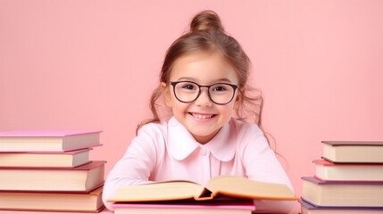 portrait of a happy child little girl with glasses sitting on a stack of books and reading a books, light pink background.
