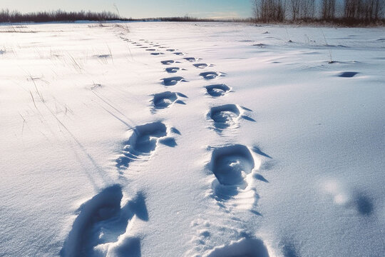 Nature, winter and travel with footsteps in snow for explore, environment and landscape. Ai generated, trekking and adventure with footprint tracks following in ground for walking, texture and steps
