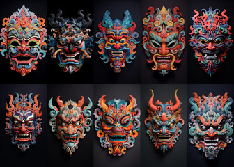 Set of Chinese ritual masks isolated on black background AI generated