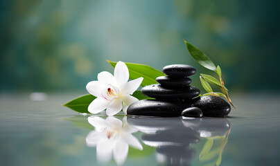 Zen yoga and spa stones treatment scene, zen like concepts. woth waterlily in beautiful calm landscape with blurred background, natural therapy massage stones relaxtion