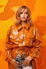 Contemporary design. Young beautiful female fashion model in clothes made of plastic bags over orange background with paint strokes. Concept of design, fashion, vintage style. Generative AI