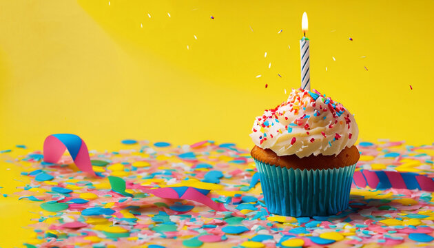 A colorful birthday cupcake with one candle and confetti on a yellow background