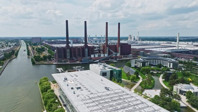 Drone shot of The Wolfsburg Volkswagen Factory , Wolfsburg , Germany  . The Wolfsburg Volkswagen Factory is the worldwide headquarters of the Volkswagen Group, and one of the largest manufacturing pla