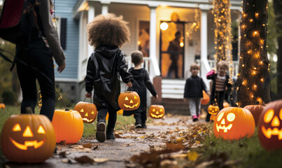 Little kids trick or treating at halloween accompanied by parent, house decorated with carved pumpkins jack o lanterns festive fun celebrations AI generated