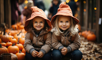 Little girls smiling at a pumpkin patch farmers market dressed up with witches hats for halloween, twins kids fall thanksgiving autumn portrait generative AI