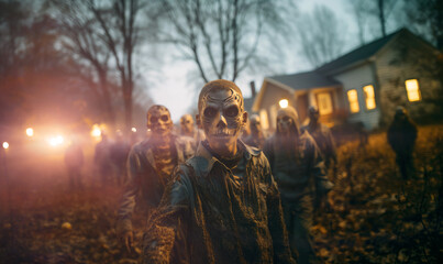 Zombie apocalypse in town, scary walking dead swarm herd roaming between houses epidemic outbreak infection AI generated - obrazy, fototapety, plakaty