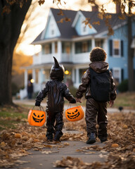 Kids in costume going trick of treating in the neighbourhood holding pumpkin buckets, halloween fun activities for children in fall autumn with fallen leaves, AI generated