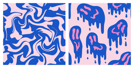 1970 Fluid Smile and Wavy Swirl Pattern Pack in Blue and Pink Color. Seventies Style, Trippy Psychedelic Print, Wallpaper. Flat Design, Hippie Aesthetic. Hand-Drawn Vector Illustration.