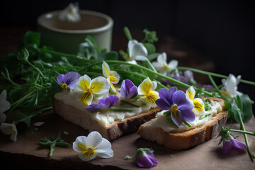 Fototapeta na wymiar Delicious homemade sandwich with flowers. Generative AI