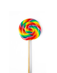 Big round swirl rainbow lollipop isolated on white background. Idea of fun and childhood. Sweet unhealthy food.
