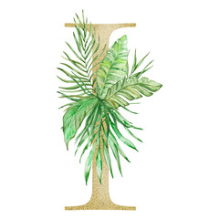 Letter I decorated with watercolor tropical leaves
