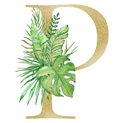 Letter P decorated with watercolor tropical leaves