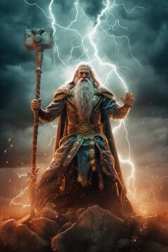 Perun, old slavic pagan god of thunder, sky,lightning, storms, rain, law, war, fertility and oak trees. Generative AI image.