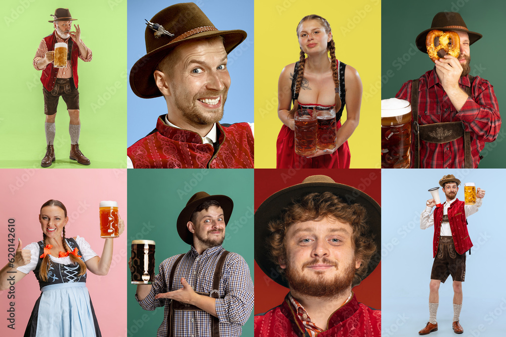 Wall mural Collage made of different young people in traditional bavarian clothes standing with beer over multicolor background. Concept of Oktoberfest, traditions, alcohol, taste, holidays, ad