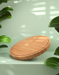 3d render minimal scene cylinder wooden with leaf green background